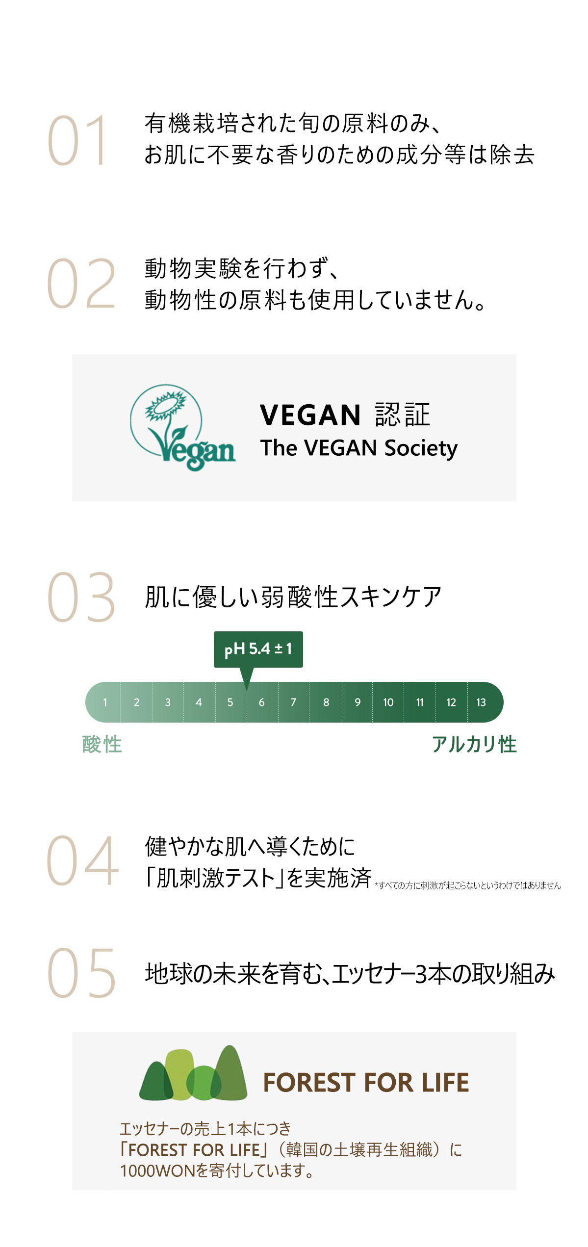 01.有機栽培された旬の原料のみ、お肌に不要な香りのための成分等は除去
02．動物実験を行わず、動物性の原料も使用していません。
VEGAN認証
The VEGAN Society
03.肌に優しい弱酸性スキンケア
04.肌が敏感な方でも優しくご使用いただけるよう「肌刺激テスト」を実施済
05.エッセナー3本で、植樹1本の効果
エッセナーの売上1本につき
「FOREST FOR LIFE」（韓国の土壌再生組織）に
1000WONを寄付しています。