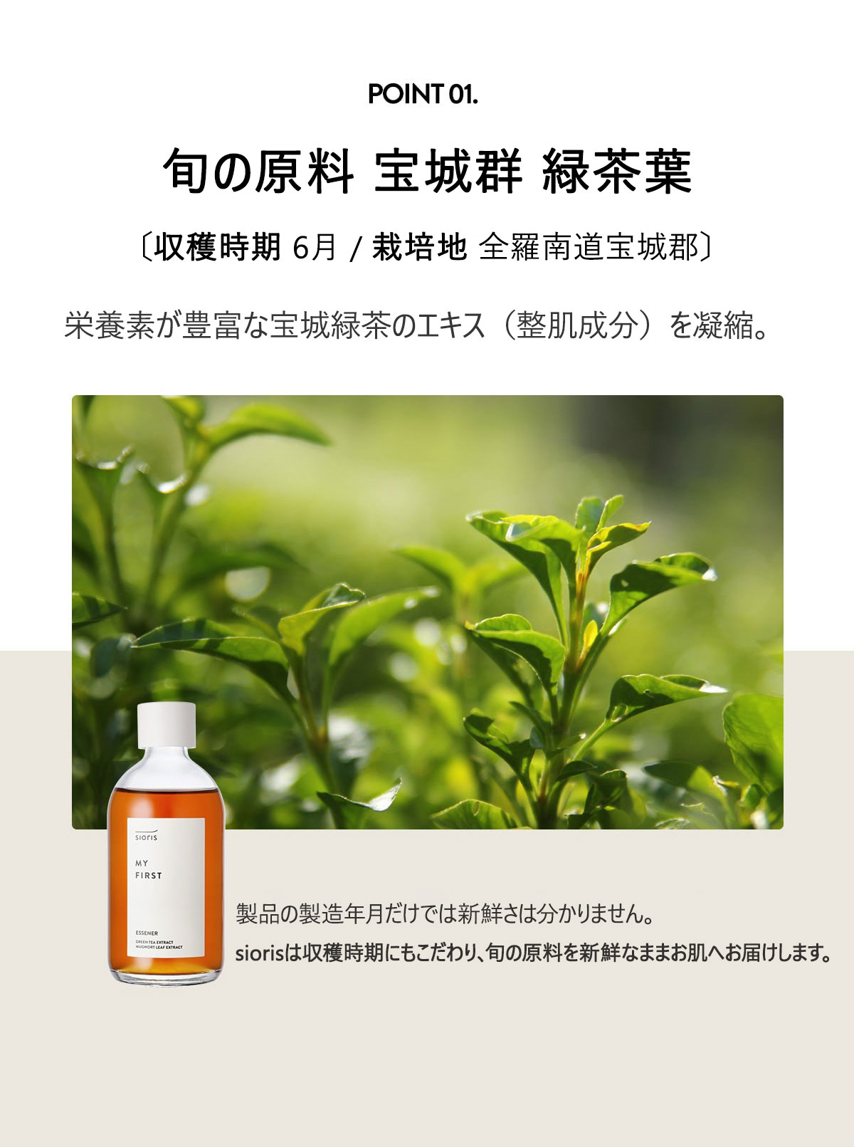 旬の原料 緑茶葉エキス 42%
〔収穫時期 2023.06 / 栽培地 全羅南道宝城郡〕
栄養素が豊富な宝城緑茶のエキスを凝縮。
緑茶はカテキンやトコフェロールなど、抗酸化成分が豊富で
刺激を受けた肌を優しく鎮静しながら、潤いで満たします。
製品の製造年月だけでは新鮮さは分かりません。
siorisは収穫時期にもこだわり、旬な原料を新鮮なままお肌へ届けます。
