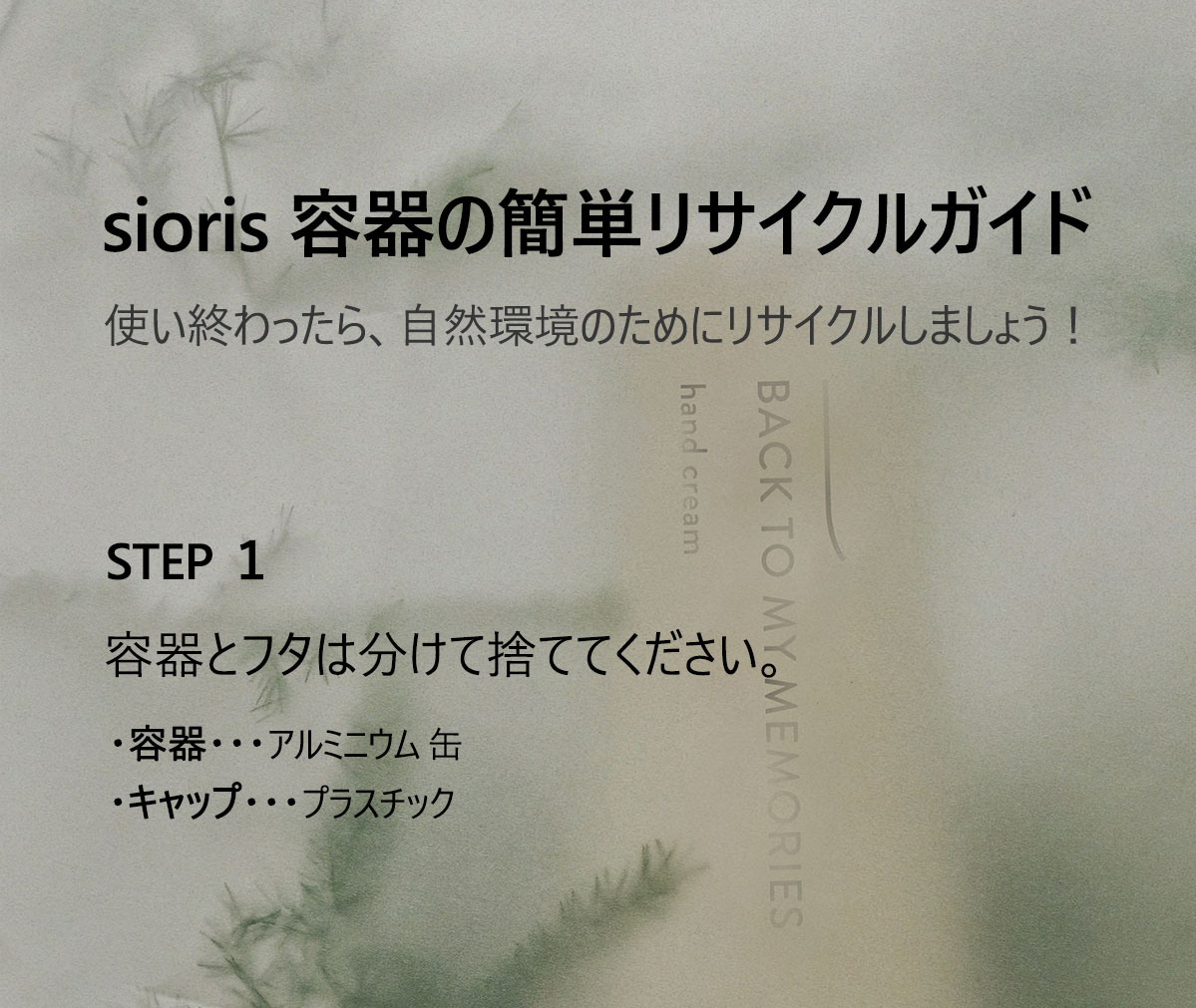 sioris容器の簡単リサイクルガイド
使い終わったら、自然環境の為にリサイクルしましょう！